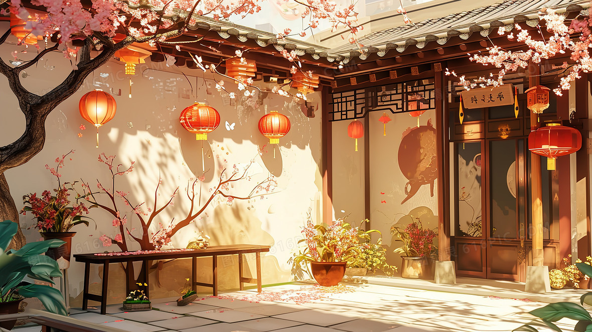 古建筑庭院春节装饰插画背景图片下载_2912x1632像素JPG格式_编号vwkfpplgl_图精灵
