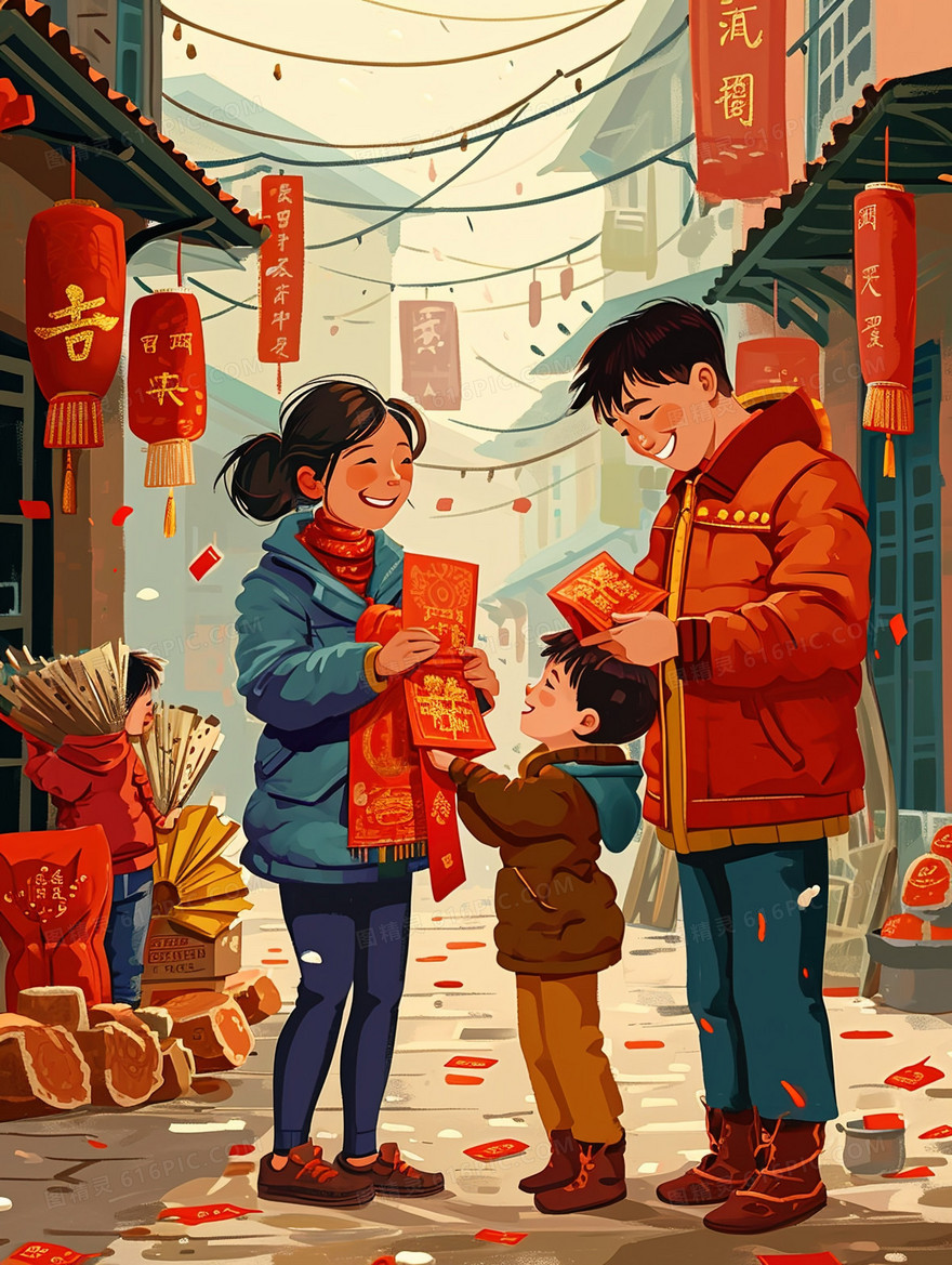 古村人们春节收发红包插画