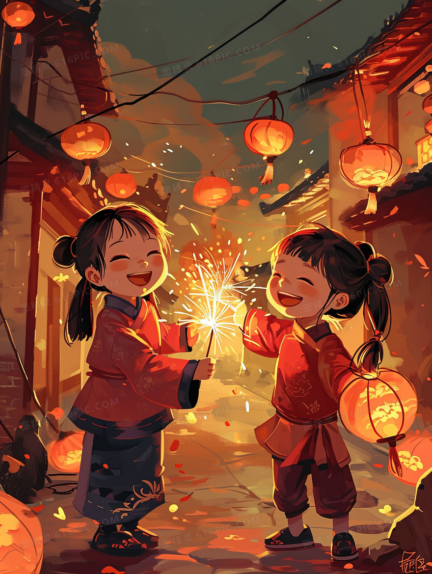 春节乡村里一起放烟花得两个女孩插画