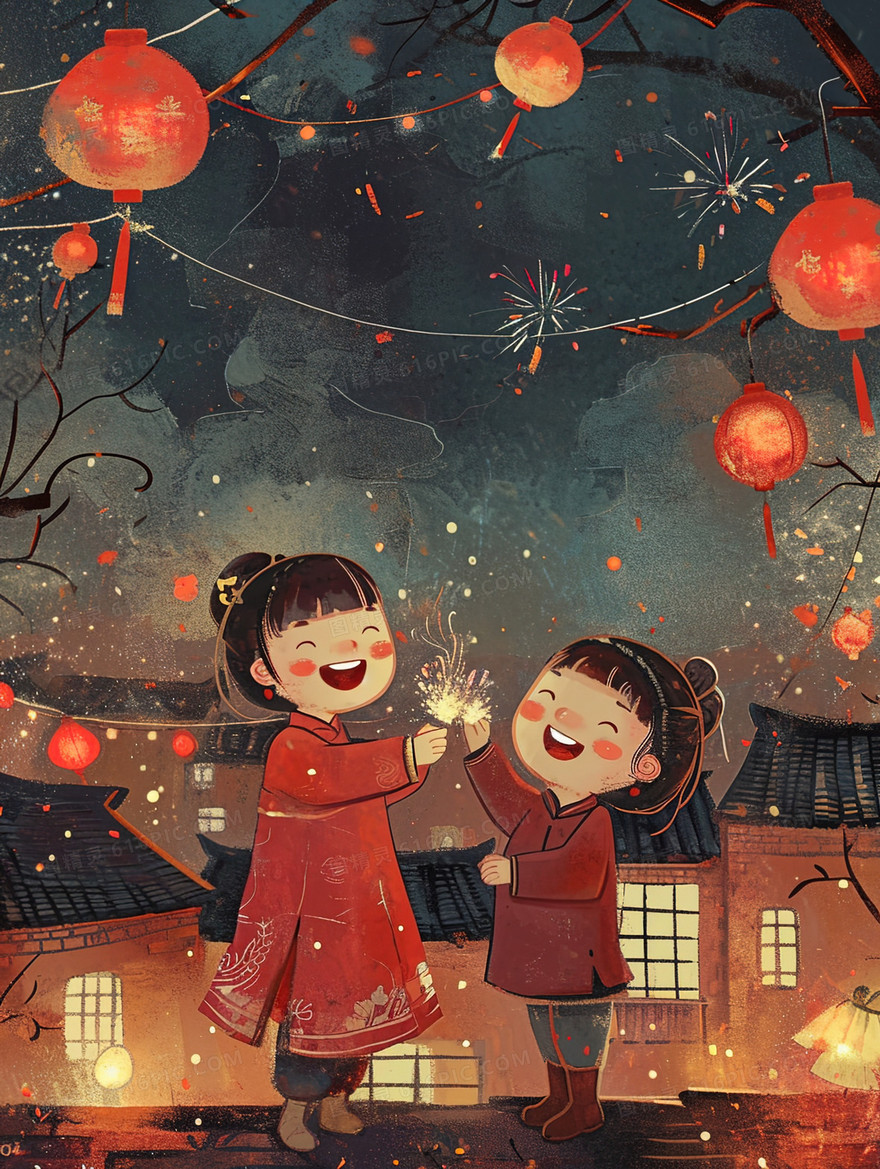 春节乡村里一起放烟花得两个女孩插画