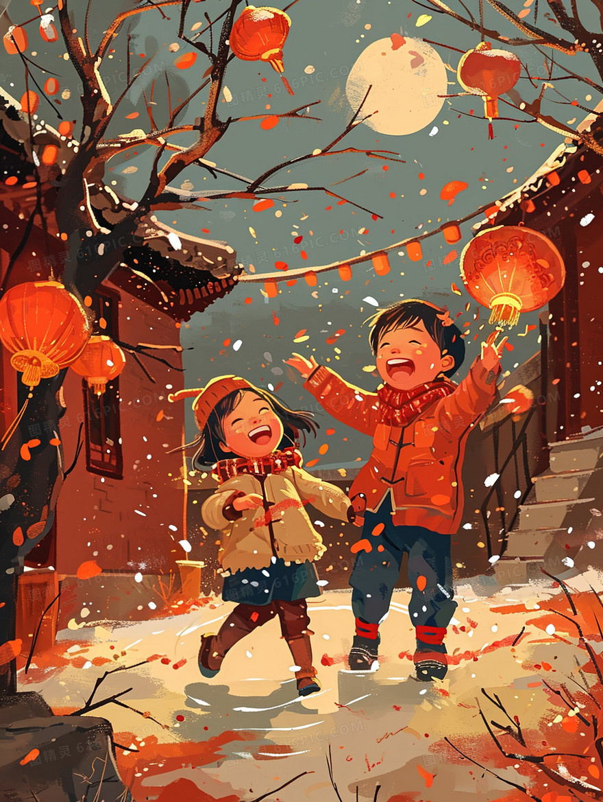 春节古镇里开心玩耍的两个小孩插画