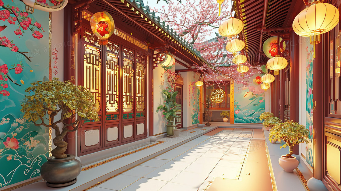春节张灯结彩的古镇古建筑插画