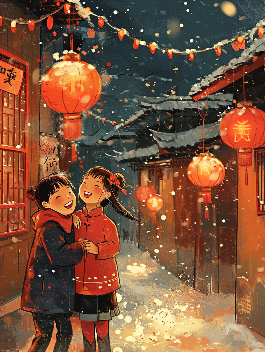 春节古镇里开心玩耍的两个小孩插画