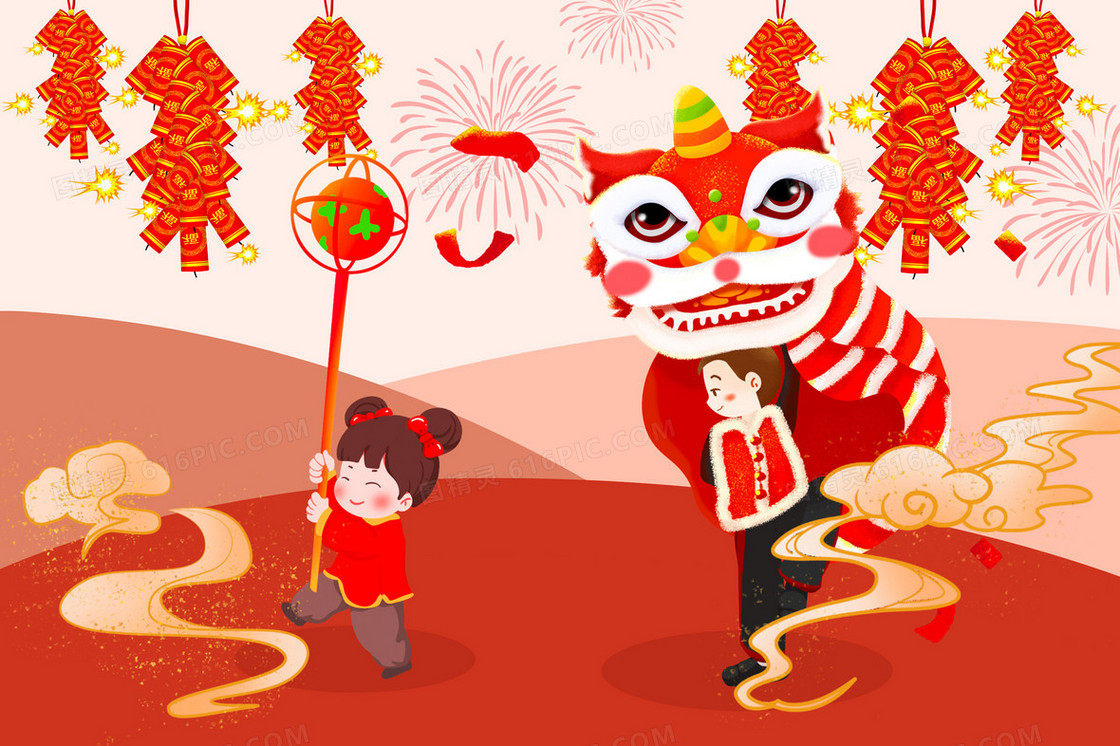 春节孩子舞狮插画