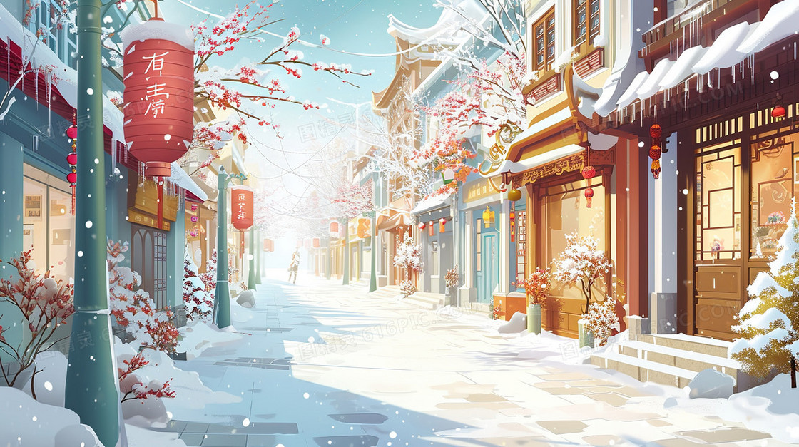 春节积雪的古镇街道插画