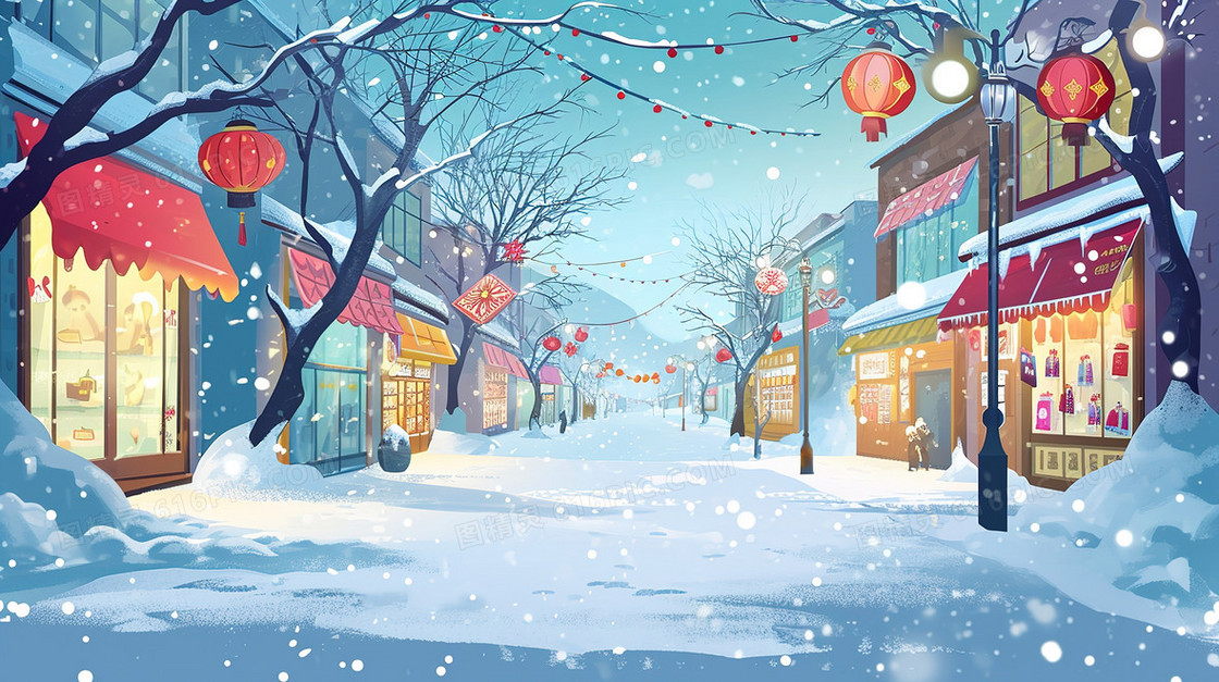春节积雪的古镇街道插画