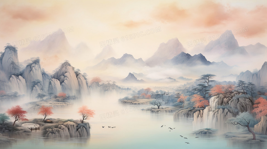 山雾袅绕的山谷河流插画