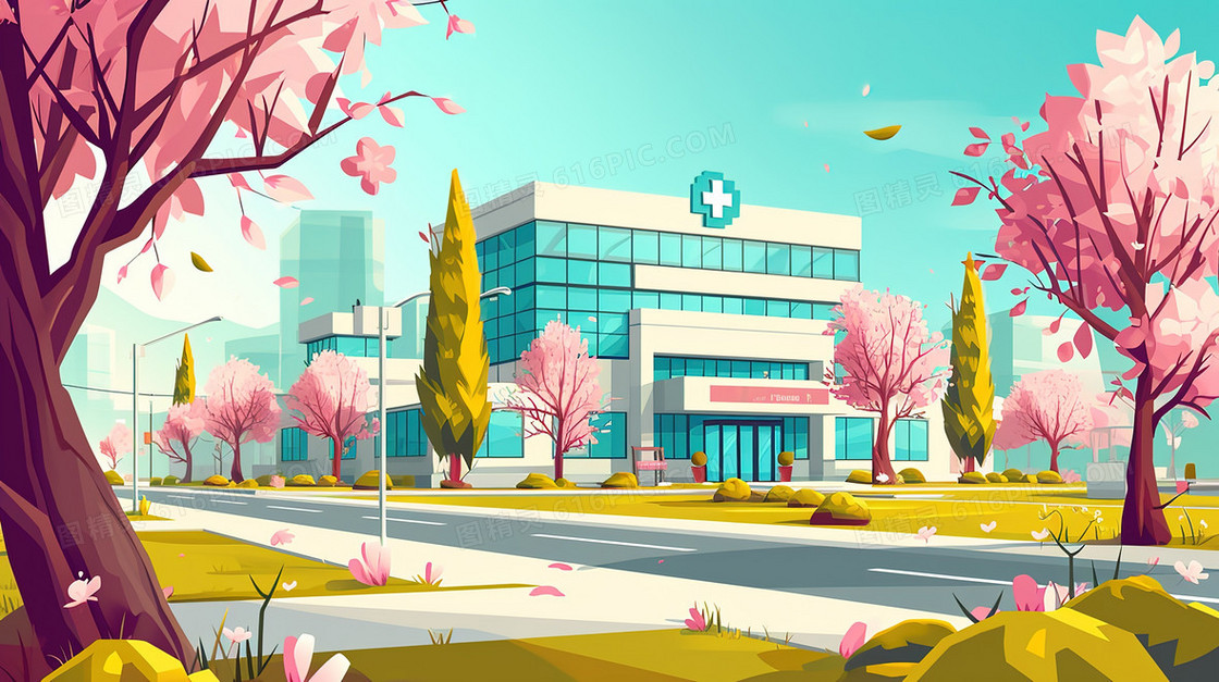 樱花盛开的通向医院大楼的道路插画