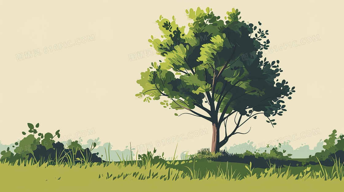 春天绿色草地上的大树插画