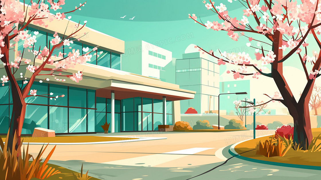 春季通向医院大楼的道路插画