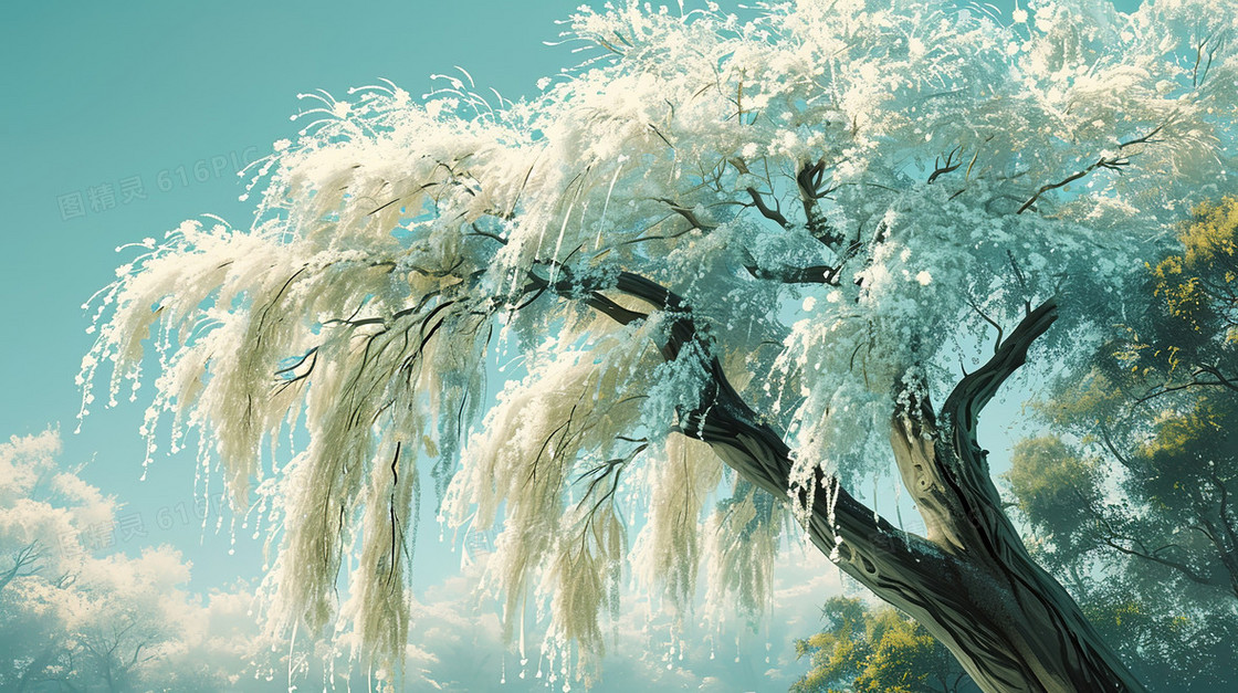 白花盛开的雪柳插画