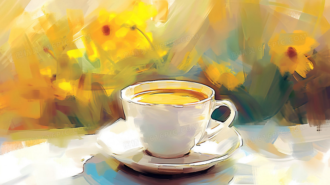 一杯咖啡油画质感插画
