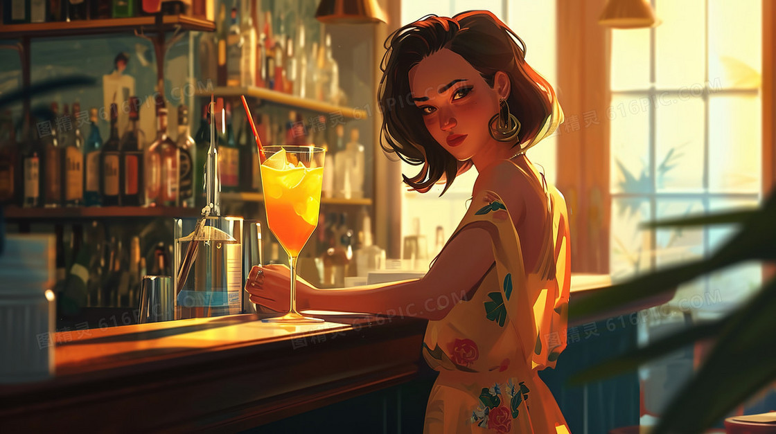 吧台前品尝饮品的女士插画