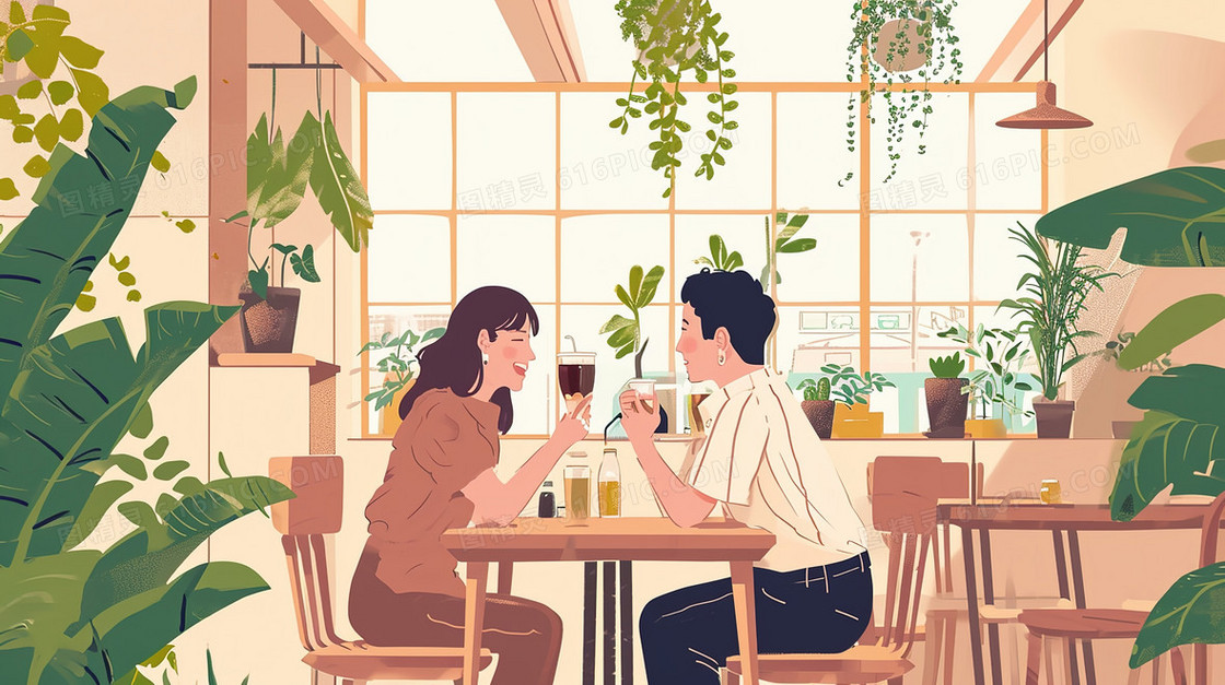 餐饮店里约会的情侣插画