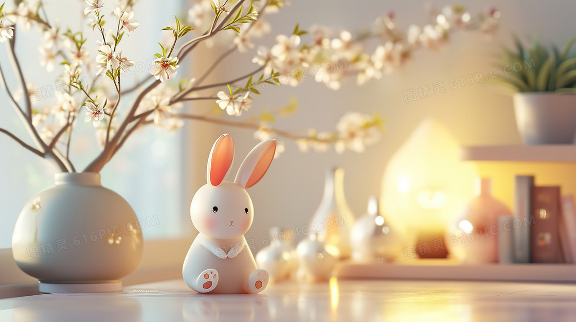 桌面上摆放插着樱花的花瓶和白色的兔子摆件图片