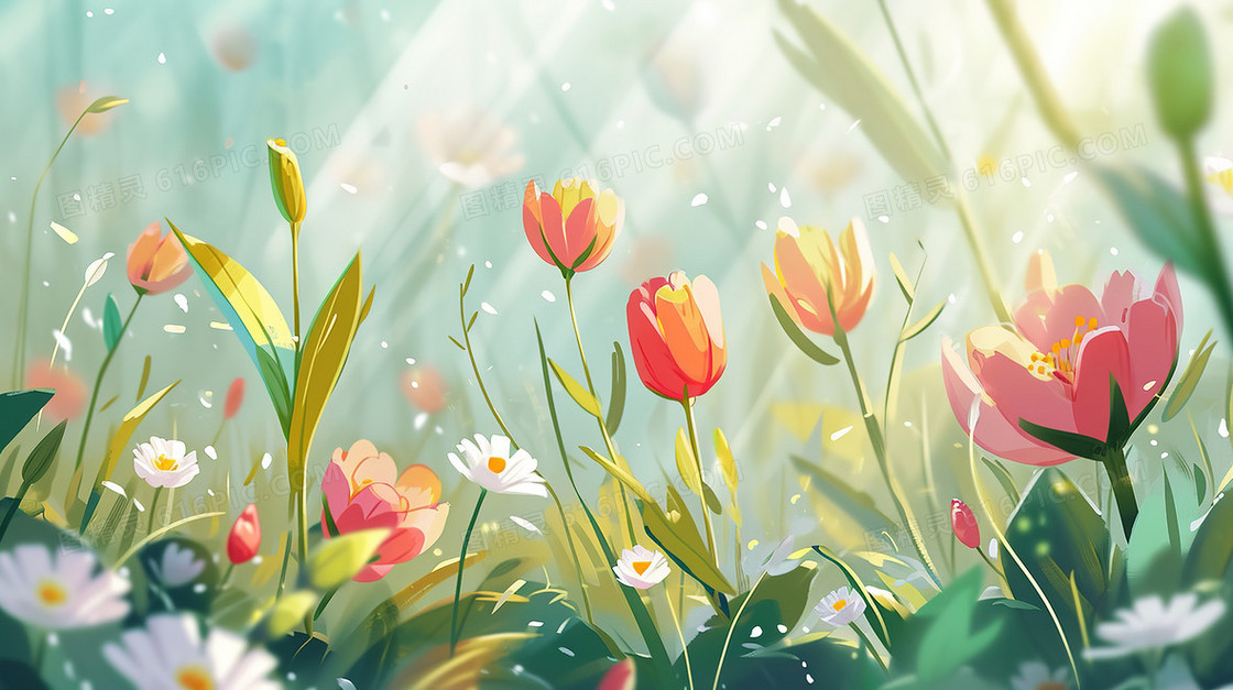春日鲜花盛开的草丛插画