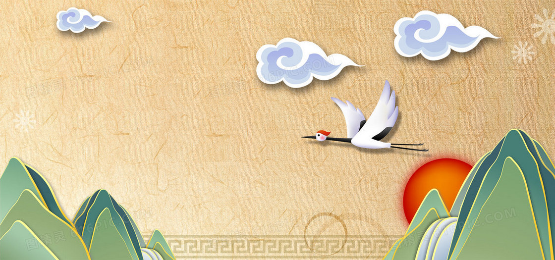 韩国山峦云纹仙鹤banner背景
