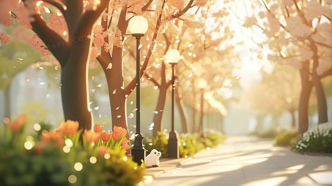 春季鲜花盛开的公园小道插画