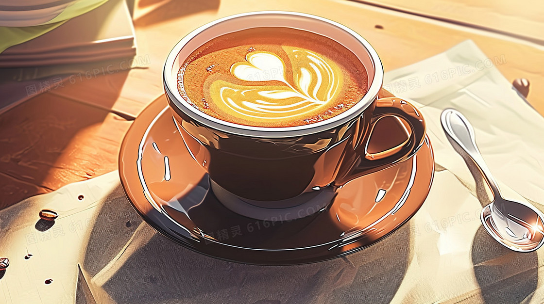 阳光照耀下的拉花咖啡插画
