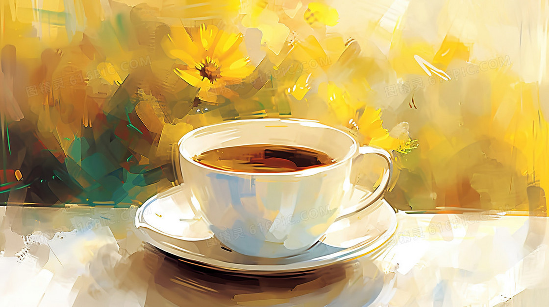 一杯咖啡油画质感插画