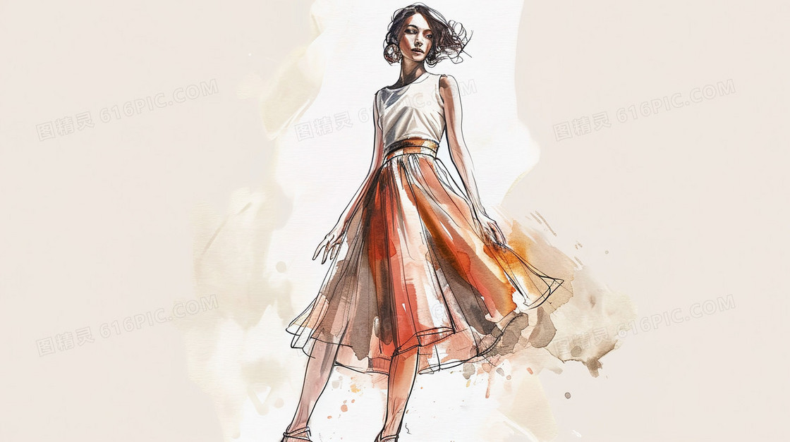 穿裙子的女人水彩插画