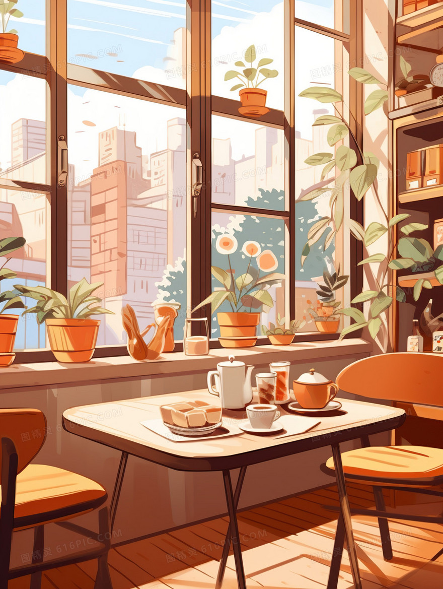 咖啡店环境餐饮下午茶插画