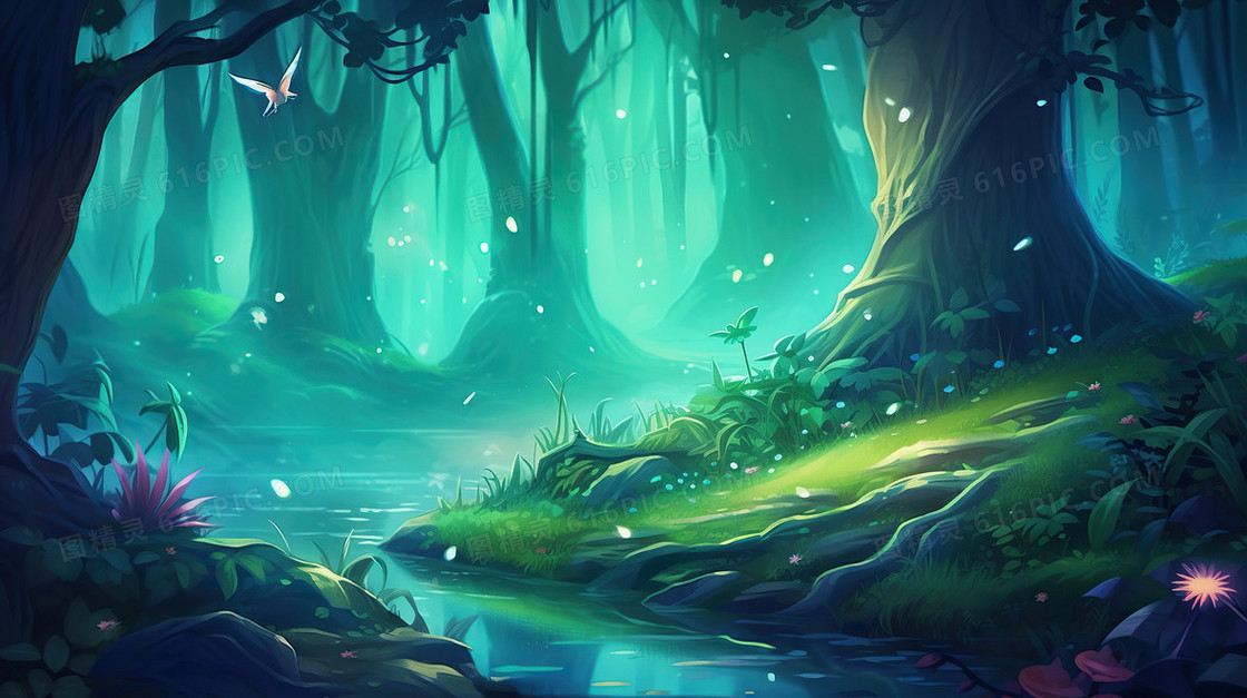 绿色梦幻森林唯美风景插画