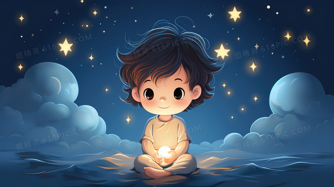 蓝色星空卡通小孩幼儿婴儿插画