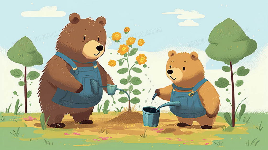 卡通植树节可爱小熊植物种树插画