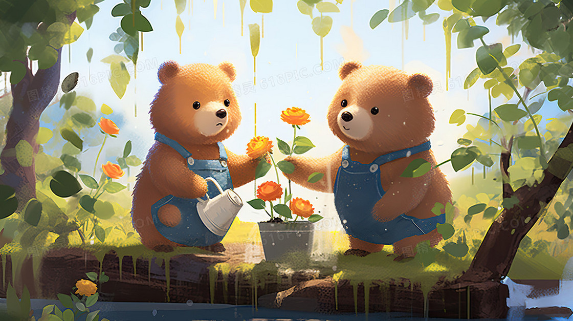 卡通植树节可爱小熊植物种树环保插画