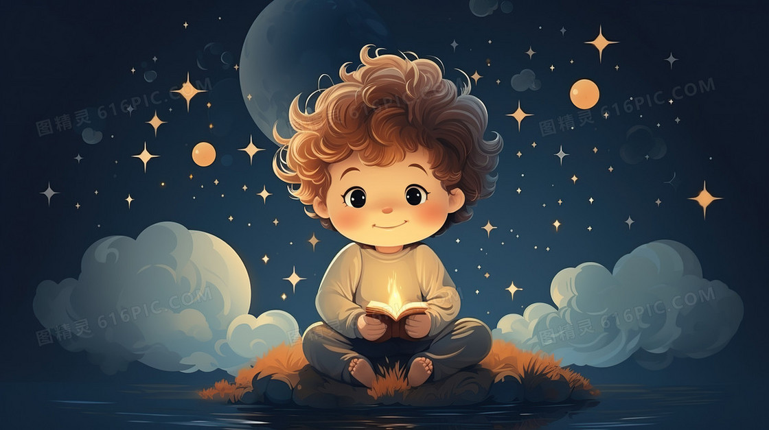 蓝色星空卡通小孩幼儿婴儿插画