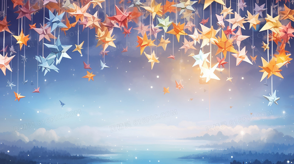 粉色天空千纸鹤梦幻插画