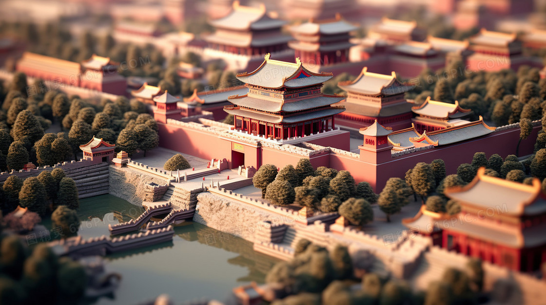中国风山水古风庭院古风建筑插画