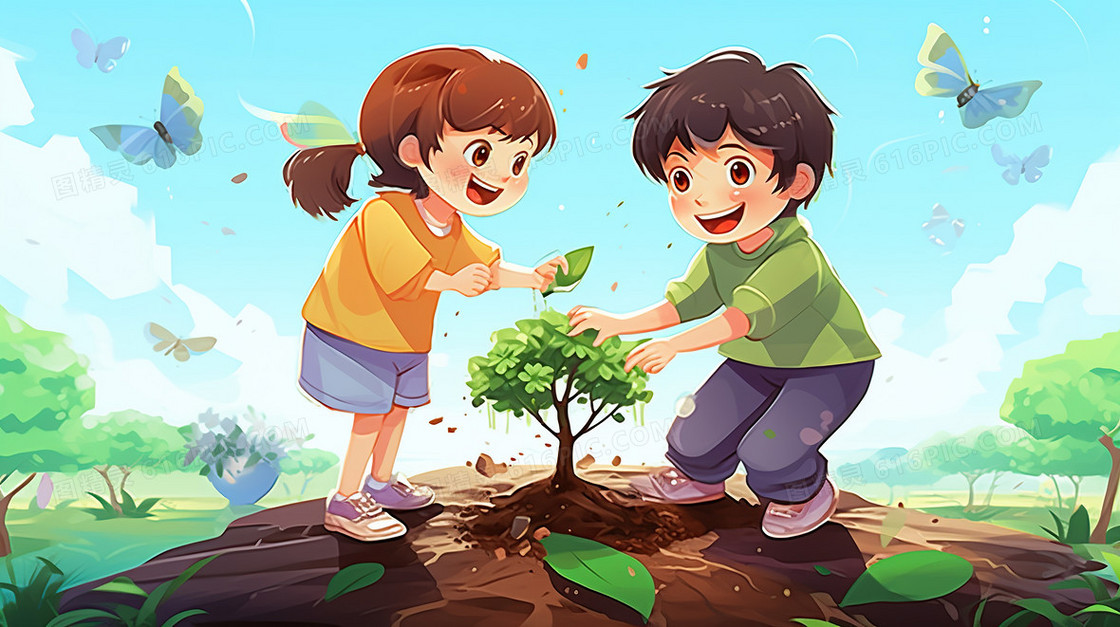 卡通植树节卡通人物栽树种树环保插画