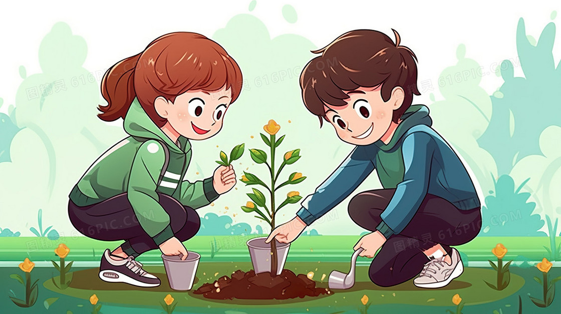 卡通植树节卡通人物栽树种树环保插画