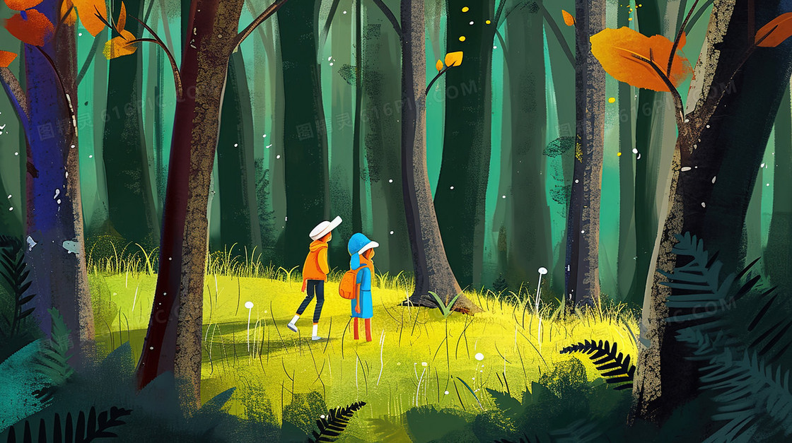森林里郊游的两个小孩插画
