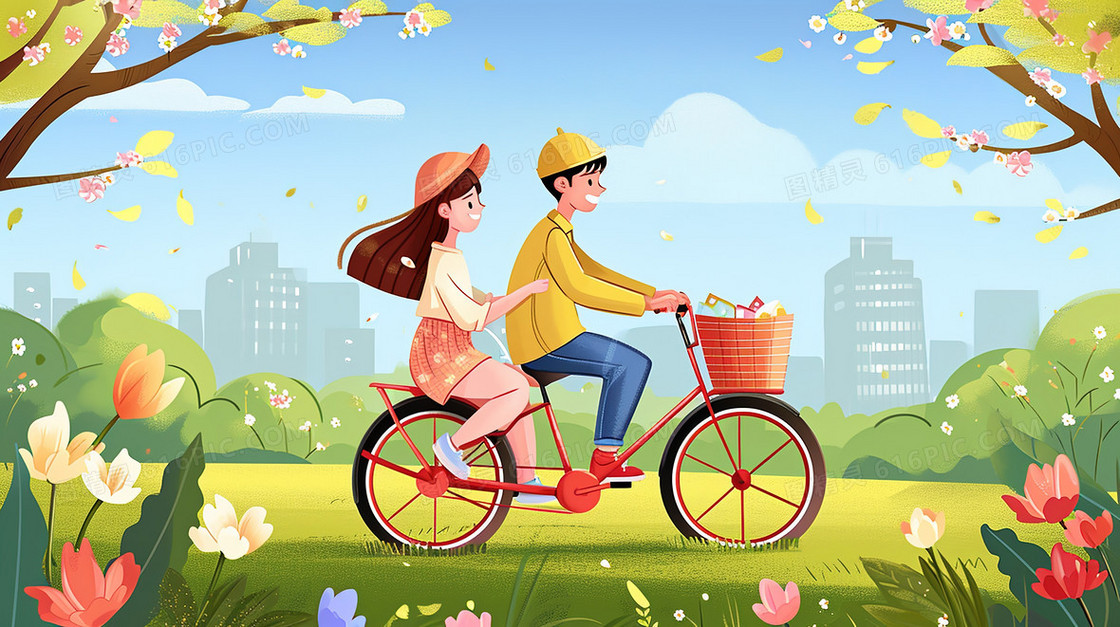 春季山野草地上骑自行车郊游的情侣插画