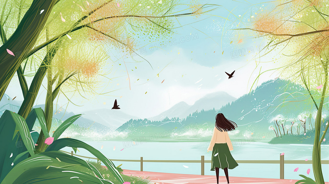 湖边看山水风景的少女背影插画