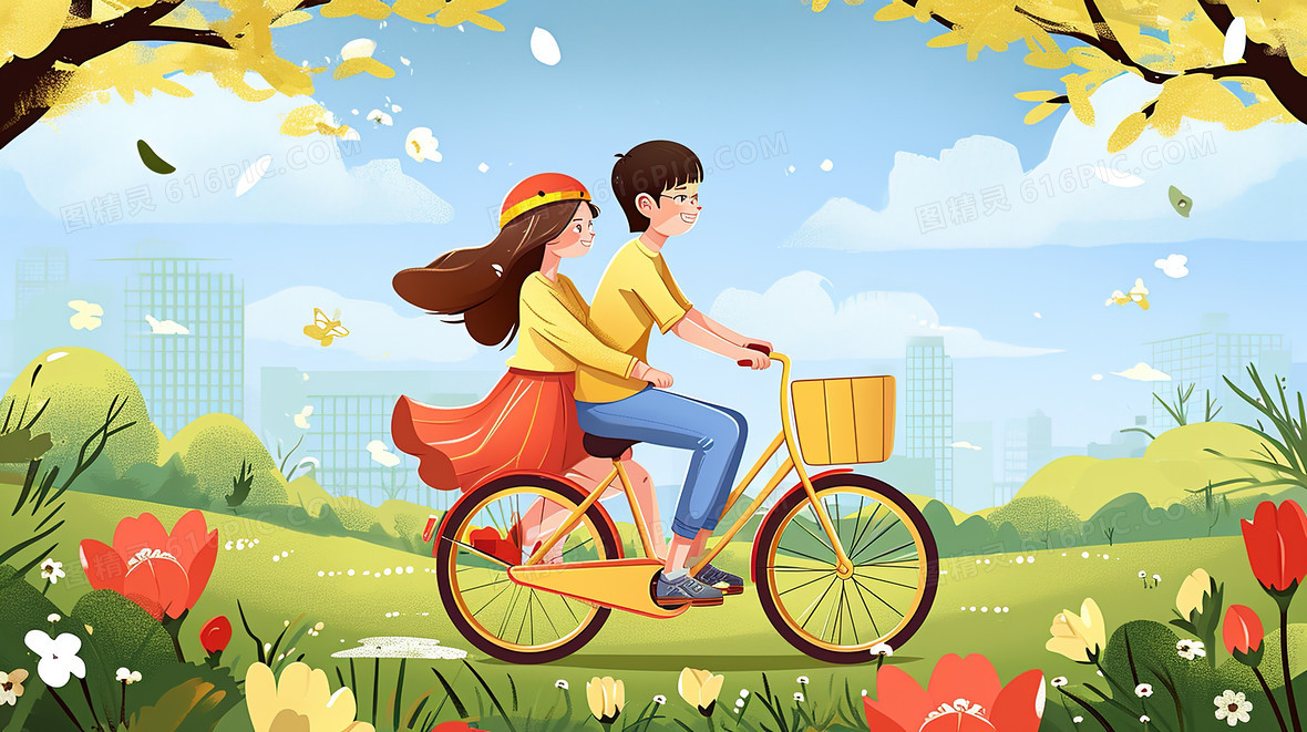 春季山野草地上骑自行车郊游的情侣插画