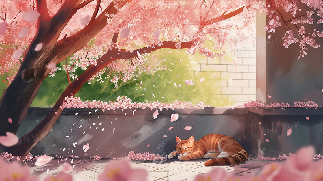 春天庭院盛开的樱花树下趴在休息的小猫插画