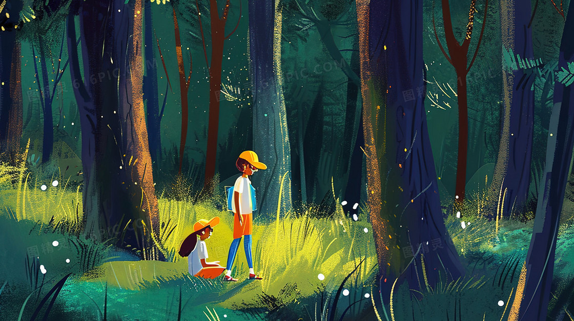 森林里郊游的两个小孩插画