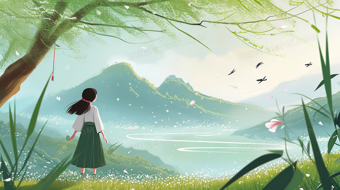 湖边看山水风景的少女背影插画