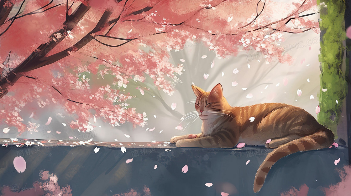 春天庭院盛开的樱花树下趴在休息的小猫插画