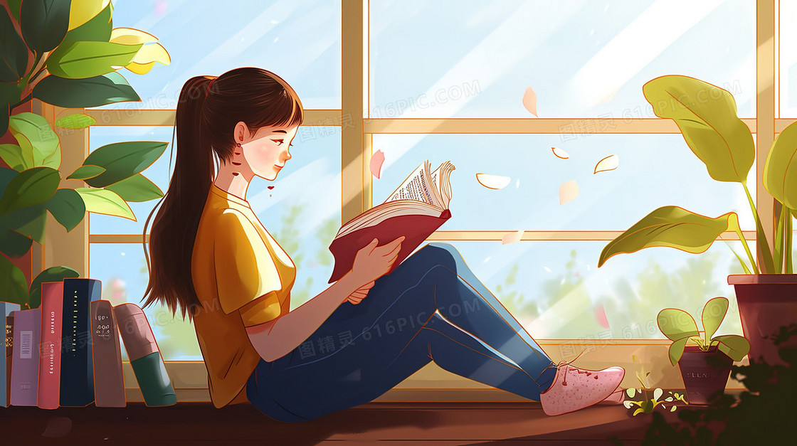 坐在窗台上看书的女生插画