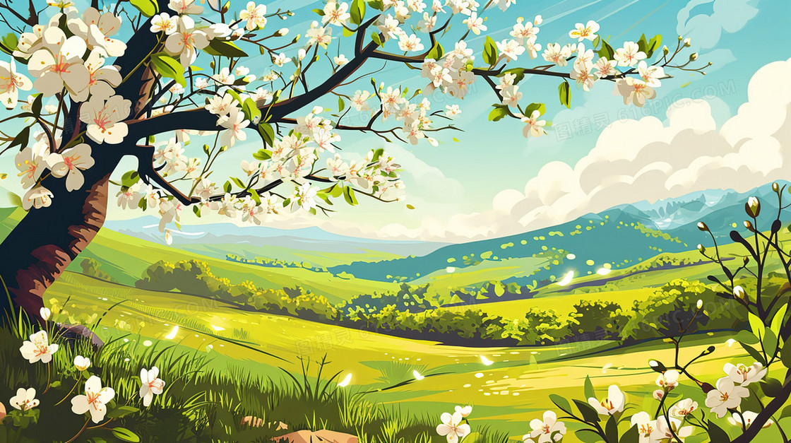 春季鲜花盛开的森林树木插画