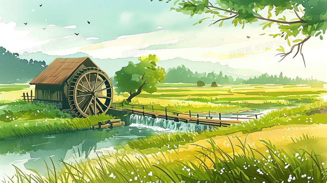 春季田野溪水边的水车插画
