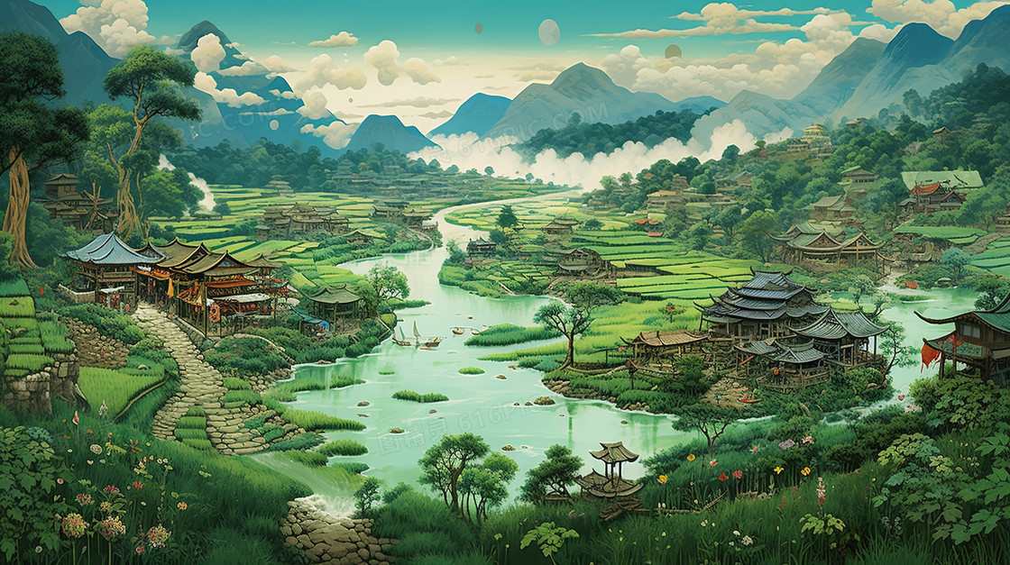 中国山水风景俯瞰插画