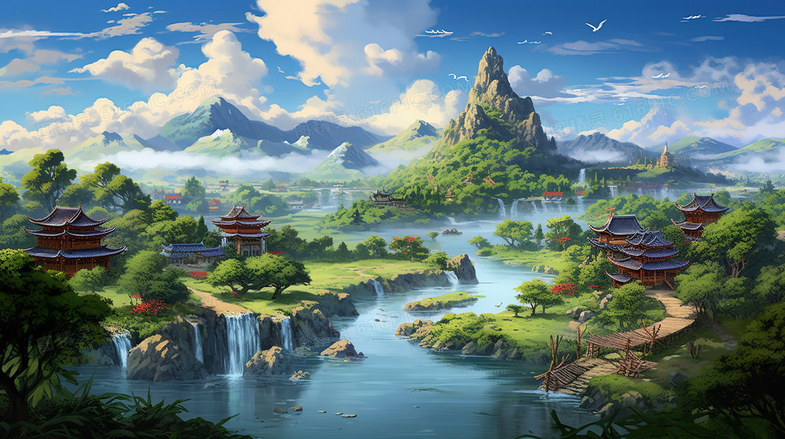 中国山水风景俯瞰插画