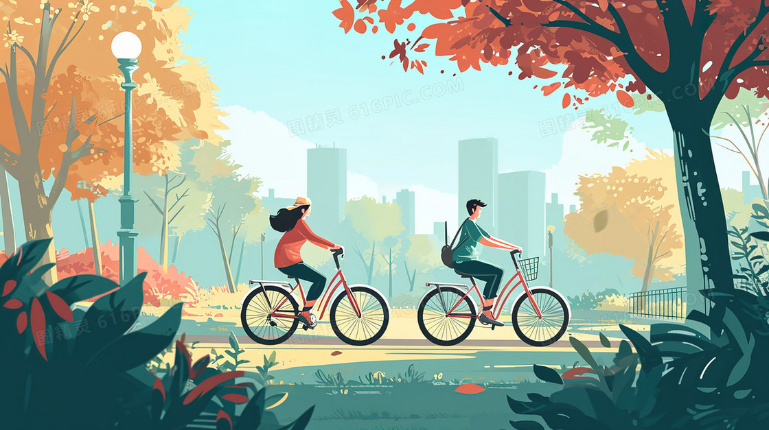 公园里骑自行车的两个人插画