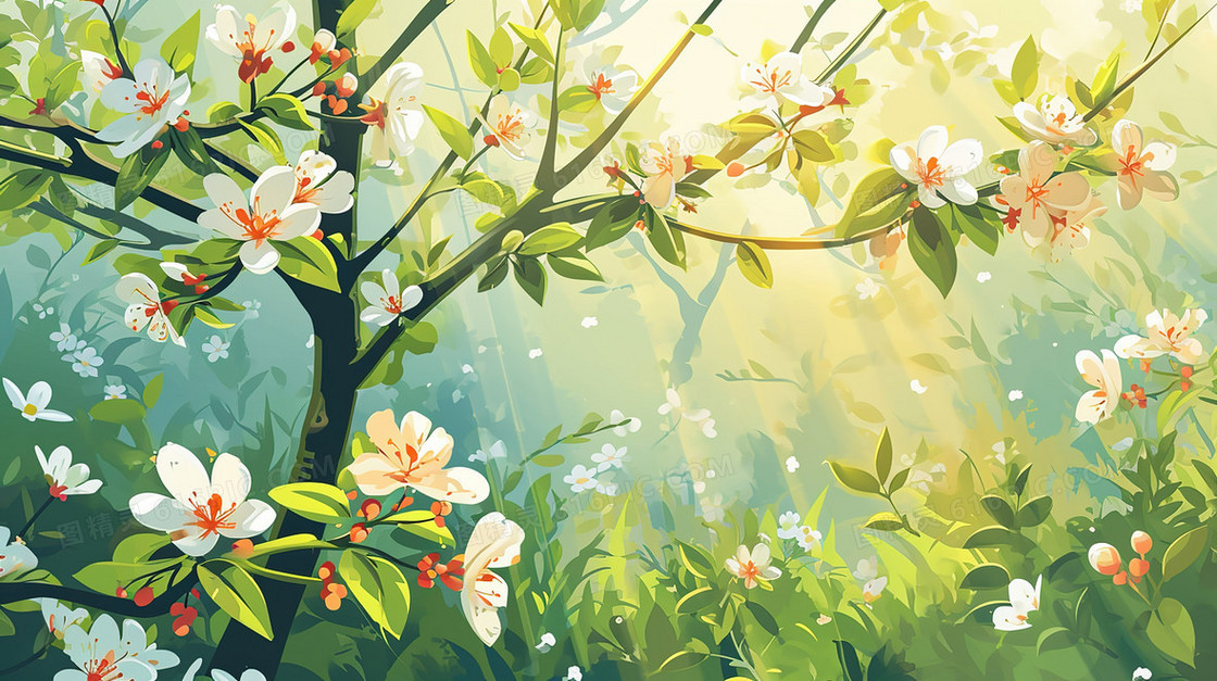 春季鲜花盛开的森林树木插画